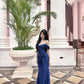 Classy Navy Mermaid Off-The-Shoulder Ruched Slit Corset Satin Dress Prom Dress Evening Dress L348
