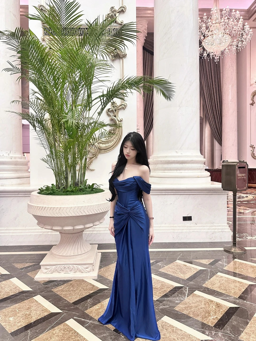 Classy Navy Mermaid Off-The-Shoulder Ruched Slit Corset Satin Dress Prom Dress Evening Dress L348