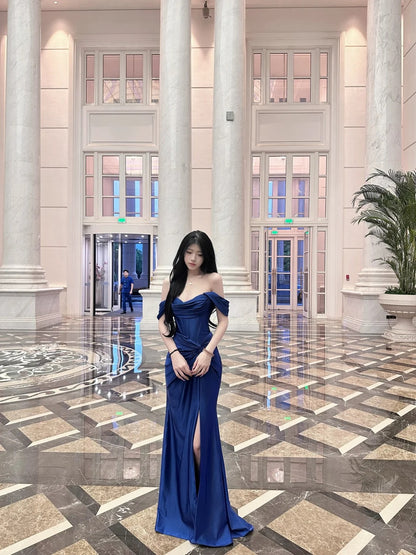Classy Navy Mermaid Off-The-Shoulder Ruched Slit Corset Satin Dress Prom Dress Evening Dress L348