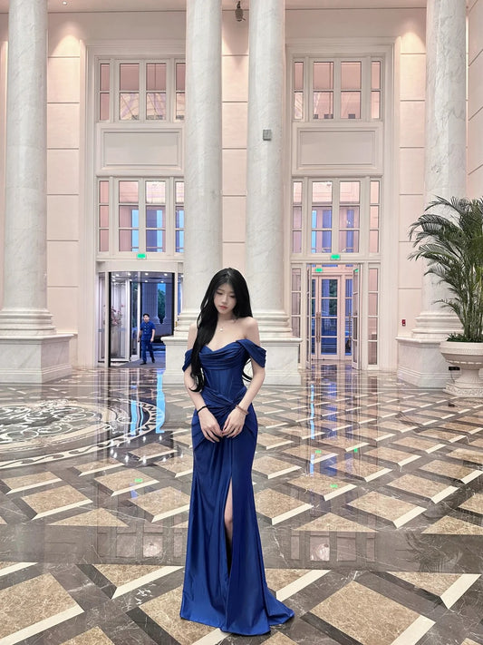 Classy Navy Mermaid Off-The-Shoulder Ruched Slit Corset Satin Dress Prom Dress Evening Dress L348