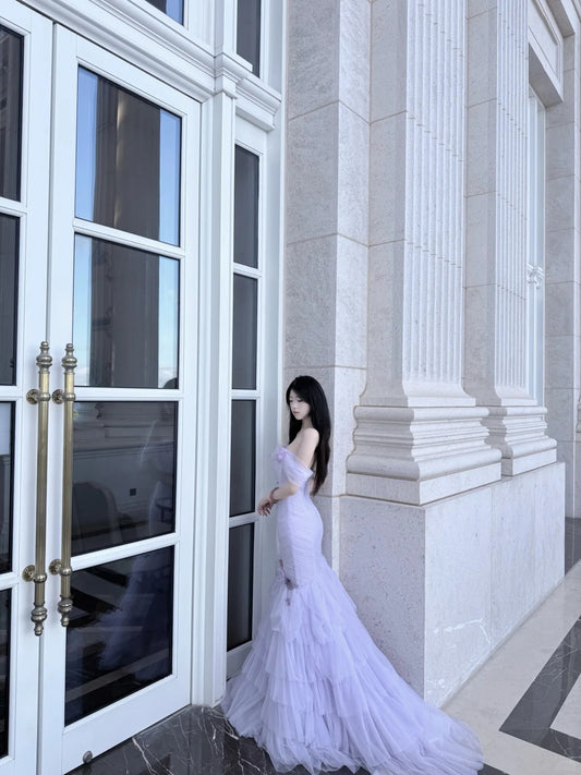 Fairy Purple Mermaid Off-The-Shoulder Handmade Flowers Appliques Tulle Dress Prom Evening Dress L349