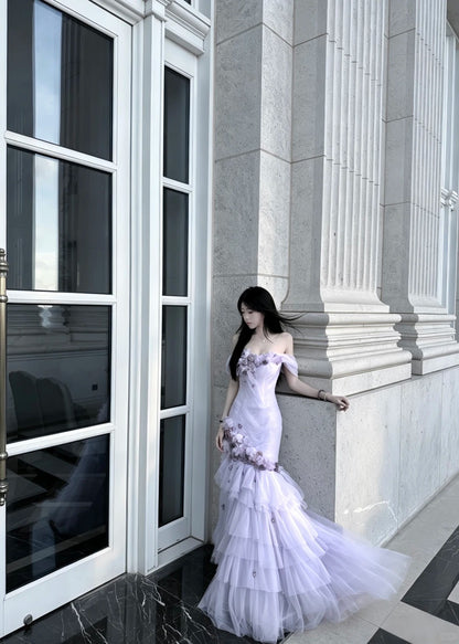 Fairy Purple Mermaid Off-The-Shoulder Handmade Flowers Appliques Tulle Dress Prom Evening Dress L349