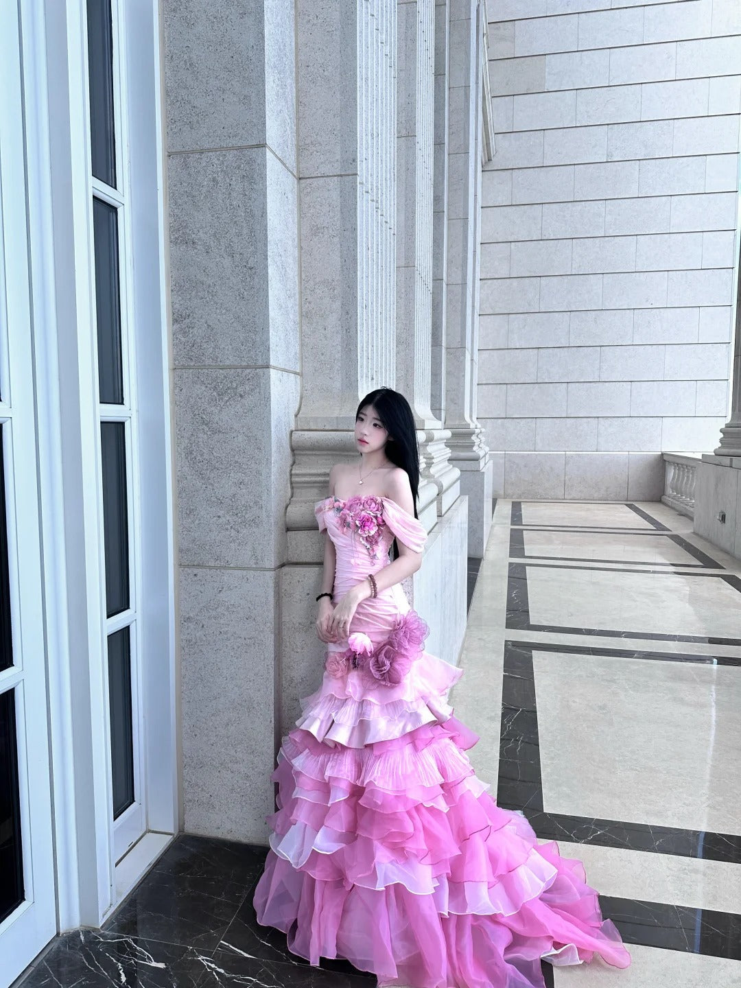 Dreamy Pink Mermaid Off-The-Shoulder Handmade Flowers Appliques Tulle Dress Prom Evening Dress L350