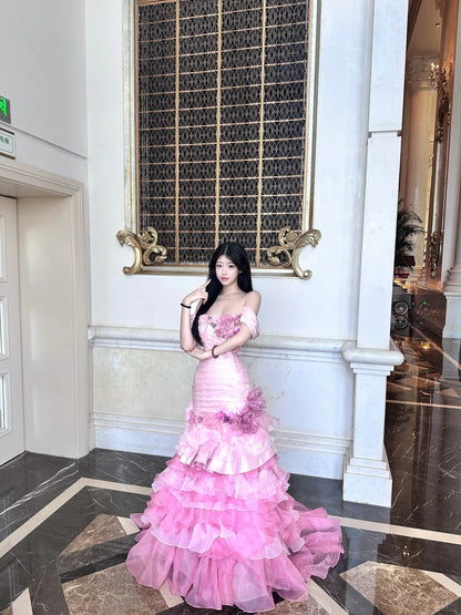 Dreamy Pink Mermaid Off-The-Shoulder Handmade Flowers Appliques Tulle Dress Prom Evening Dress L350