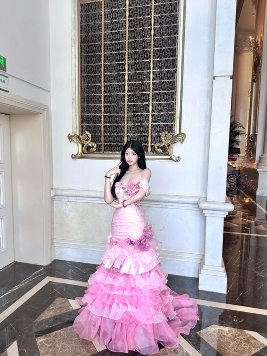 Dreamy Pink Mermaid Off-The-Shoulder Handmade Flowers Appliques Tulle Dress Prom Evening Dress L350