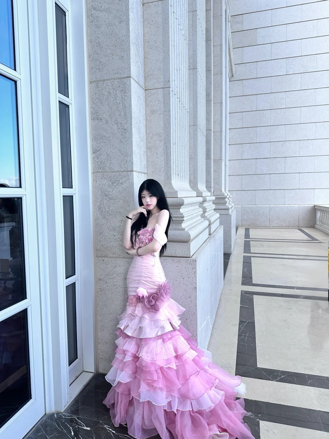 Dreamy Pink Mermaid Off-The-Shoulder Handmade Flowers Appliques Tulle Dress Prom Evening Dress L350