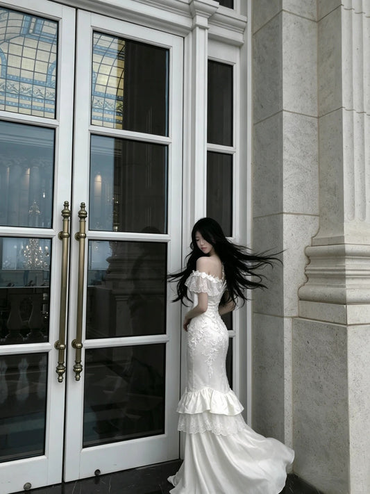 Gorgeous White Mermaid Off-The-Shoulder Appliques Lace Satin Dress Prom Evening Dress L351