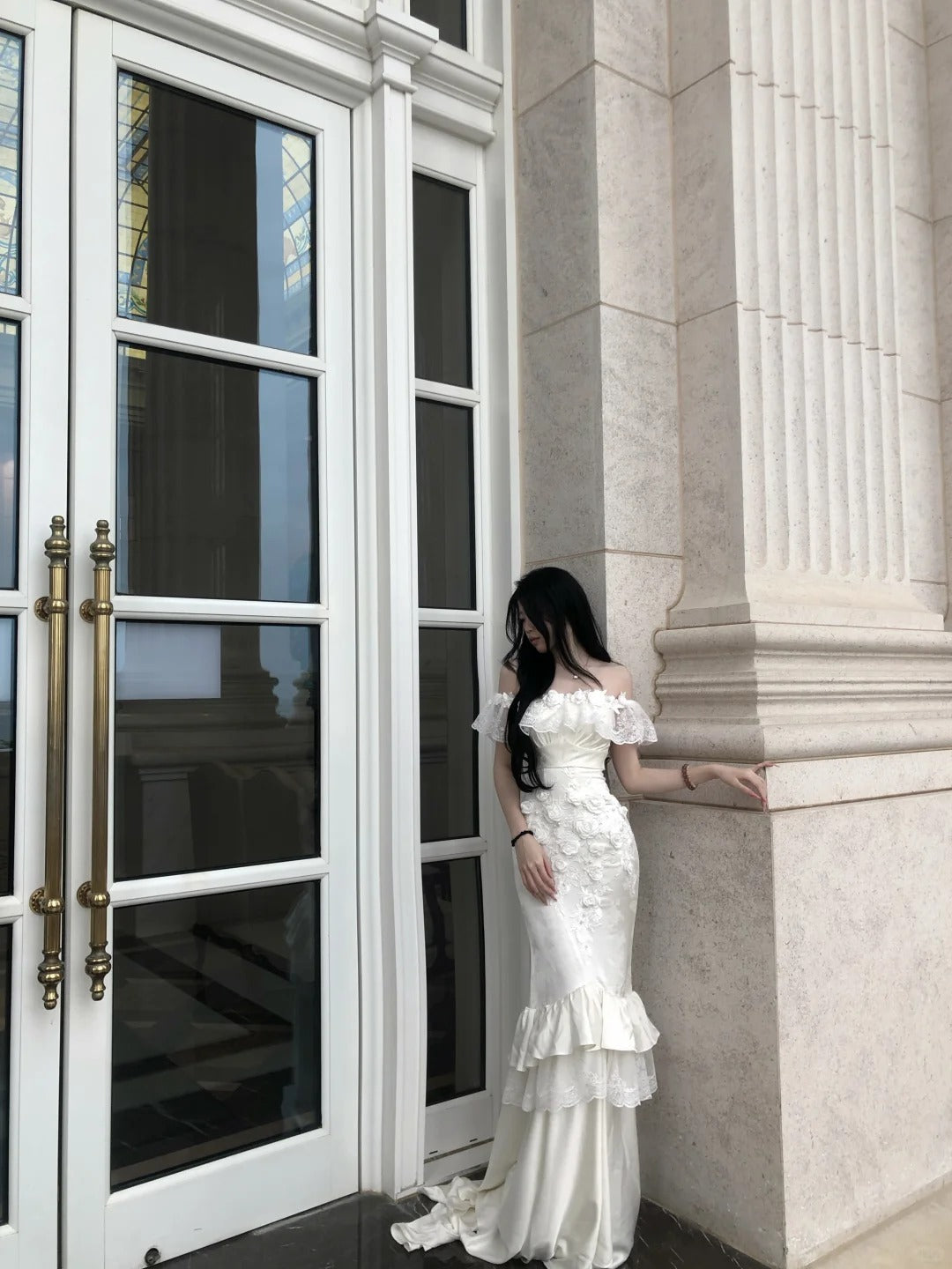 Gorgeous White Mermaid Off-The-Shoulder Appliques Lace Satin Dress Prom Evening Dress L351