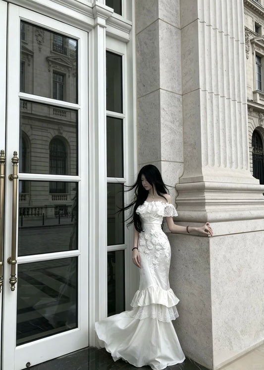 Gorgeous White Mermaid Off-The-Shoulder Appliques Lace Satin Dress Prom Evening Dress L351