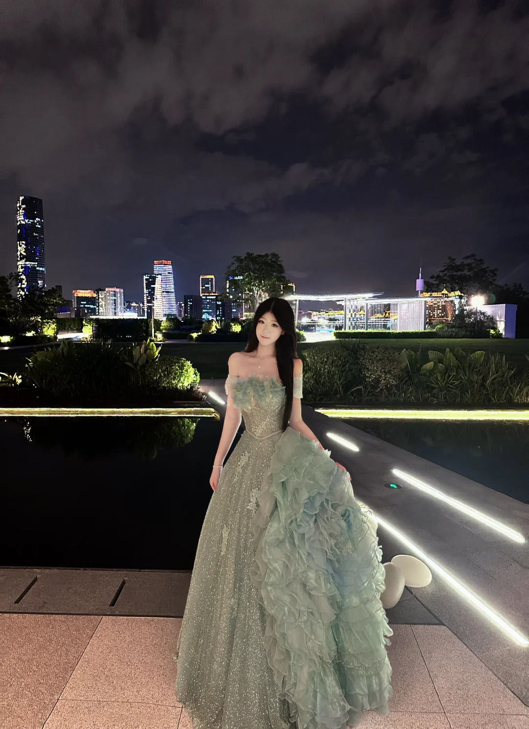 Princess Light Blue Ball Gown Off-The-Shoulder Appliques Sequins Tulle Dress Quinceanera 16 L352