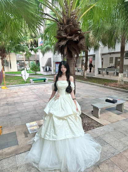 Pretty White Ball Gown Off-The-Shoulder Handmade Flowers Corset Satin Dress Quinceanera Dress 16 L353