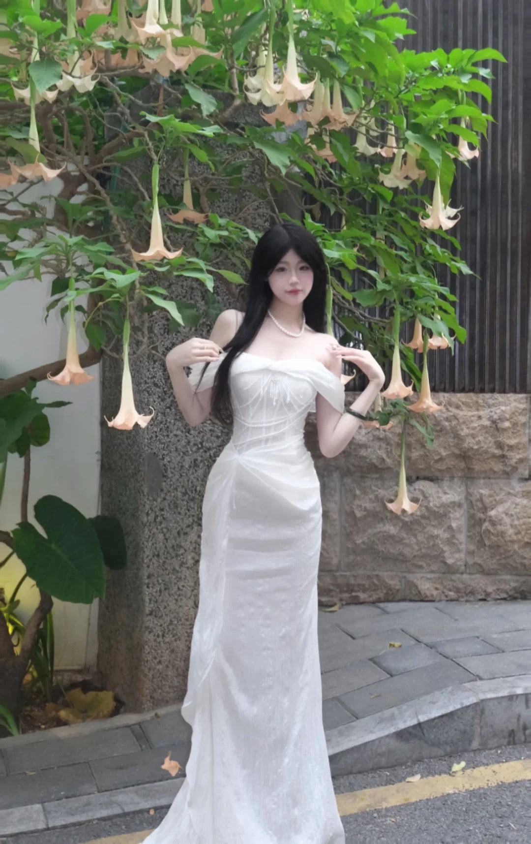 Elegant White Sheath Off-The-Shoulder Corset Chiffon Dress Prom Dress Evening Dress L355