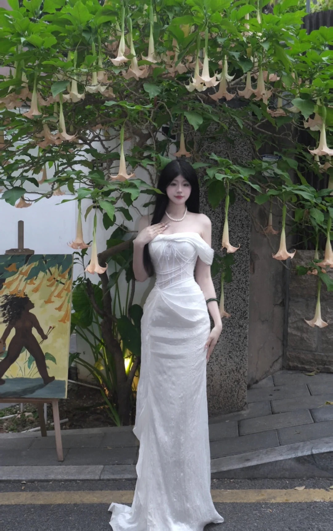 Elegant White Sheath Off-The-Shoulder Corset Chiffon Dress Prom Dress Evening Dress L355