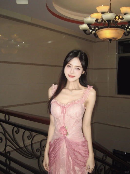 Sweet Pink Sheath Spaghetti Strap Appliques Corset Tulle Dress Prom Dress Evening Dress L356