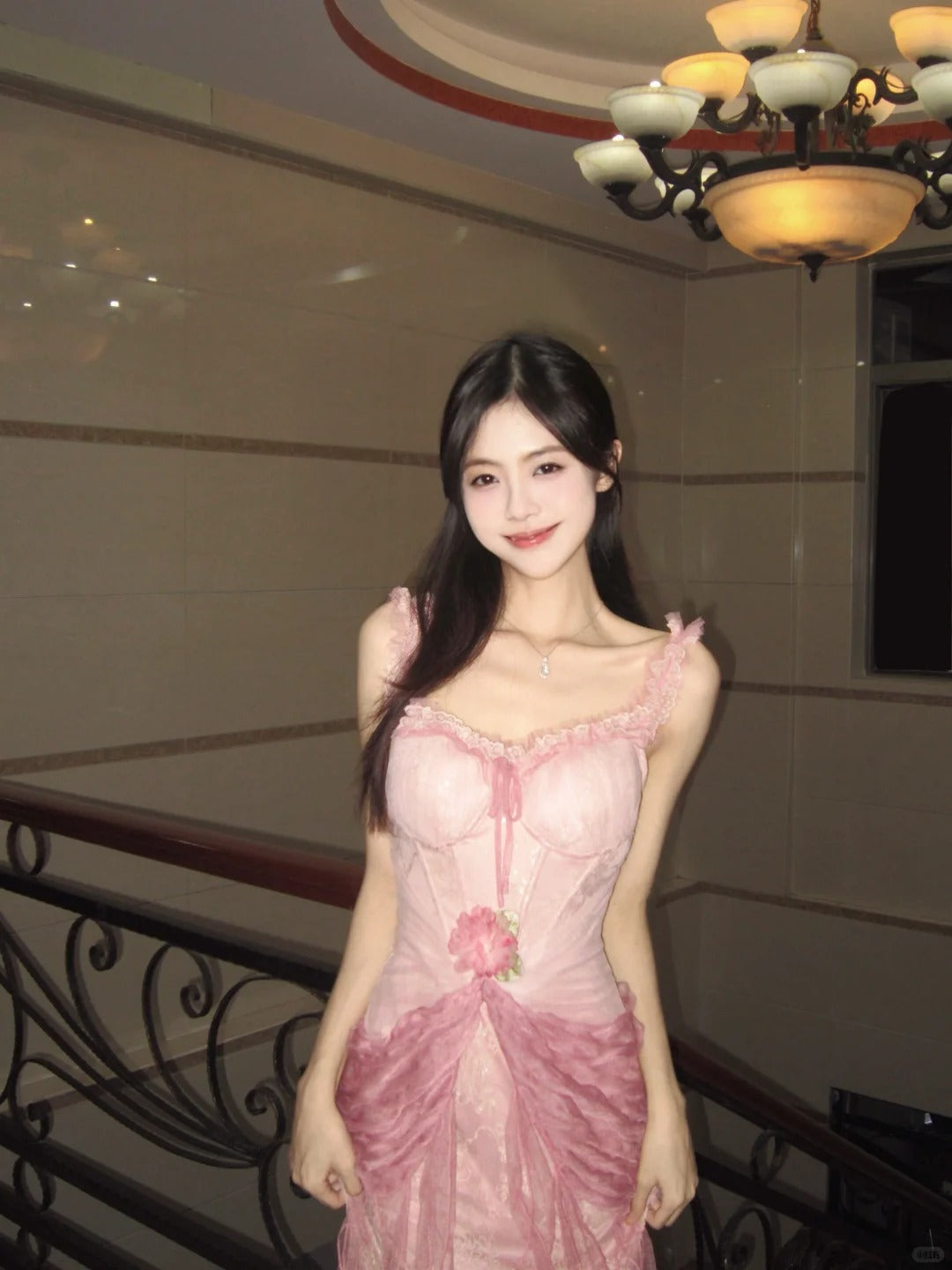 Sweet Pink Sheath Spaghetti Strap Appliques Corset Tulle Dress Prom Dress Evening Dress L356