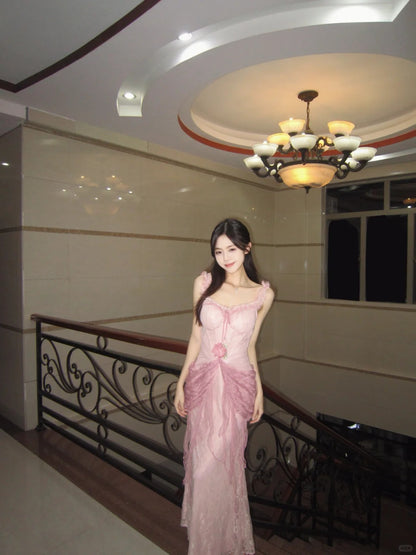 Sweet Pink Sheath Spaghetti Strap Appliques Corset Tulle Dress Prom Dress Evening Dress L356