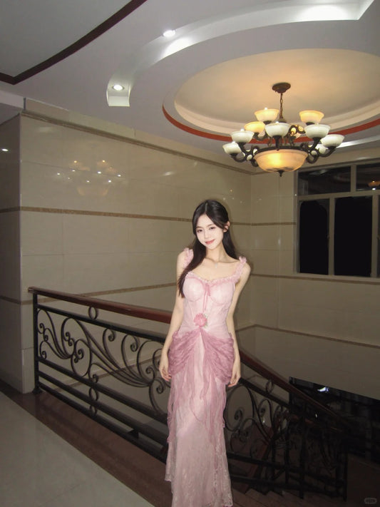 Sweet Pink Sheath Spaghetti Strap Appliques Corset Tulle Dress Prom Dress Evening Dress L356