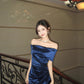 Chic Navy Sheath Off-The-Shoulder Ruched Slit Satin Dress Prom Dress Evening Dress L357