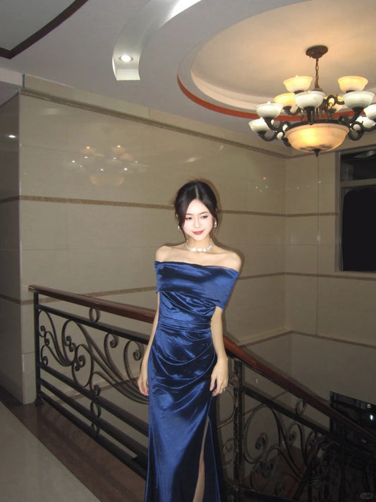 Chic Navy Sheath Off-The-Shoulder Ruched Slit Satin Dress Prom Dress Evening Dress L357