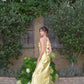 Prettty Light Yellow Sheath Halter Appliques Ruched Satin Dress Prom Dress Evening Dress L358