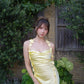 Prettty Light Yellow Sheath Halter Appliques Ruched Satin Dress Prom Dress Evening Dress L358