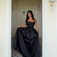 Modest Black A-Line Strapless Lace Basque Waist Corset Satin Dress Prom Dress Evening Dress L359