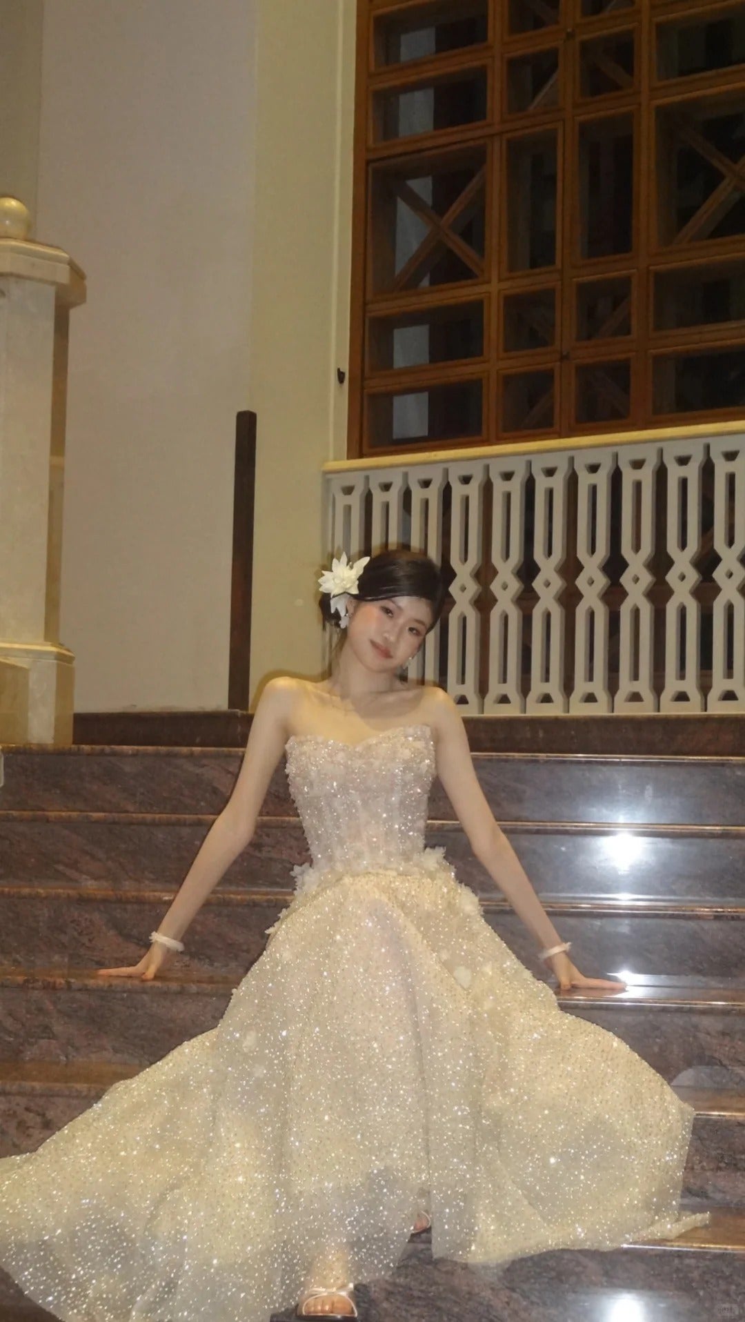 Sparkling Champagne A-Line Strapless Rhinestone Sequins Tulle Dress Prom Dress Evening Dress L360