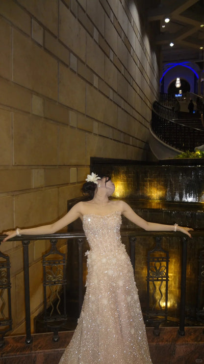 Sparkling Champagne A-Line Strapless Rhinestone Sequins Tulle Dress Prom Dress Evening Dress L360