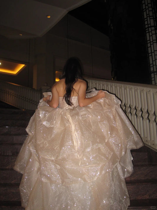 Sparkling Champagne Ball Gown Sweetheart Tiered Ruffled Glitter Tulle Dress Quinceanera Dress 16 L361