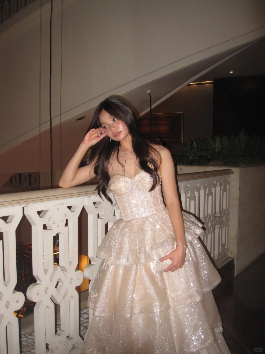 Sparkling Champagne Ball Gown Sweetheart Tiered Ruffled Glitter Tulle Dress Quinceanera Dress 16 L361