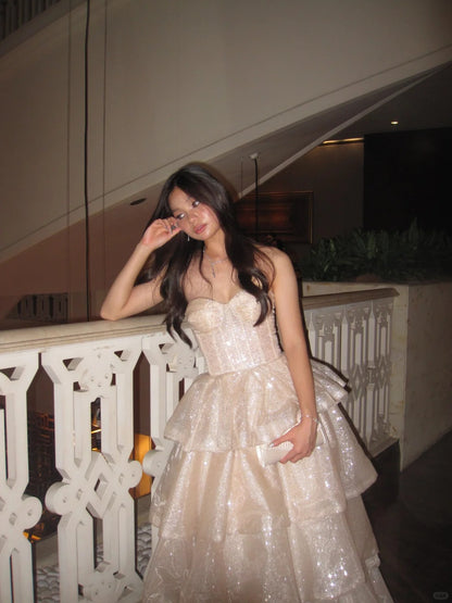 Sparkling Champagne Ball Gown Sweetheart Tiered Ruffled Glitter Tulle Dress Quinceanera Dress 16 L361