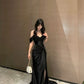 Elegant Black Sheath Off-The-Shoulder Ruched Slit Corset Satin Dress Prom Evening Dress L362