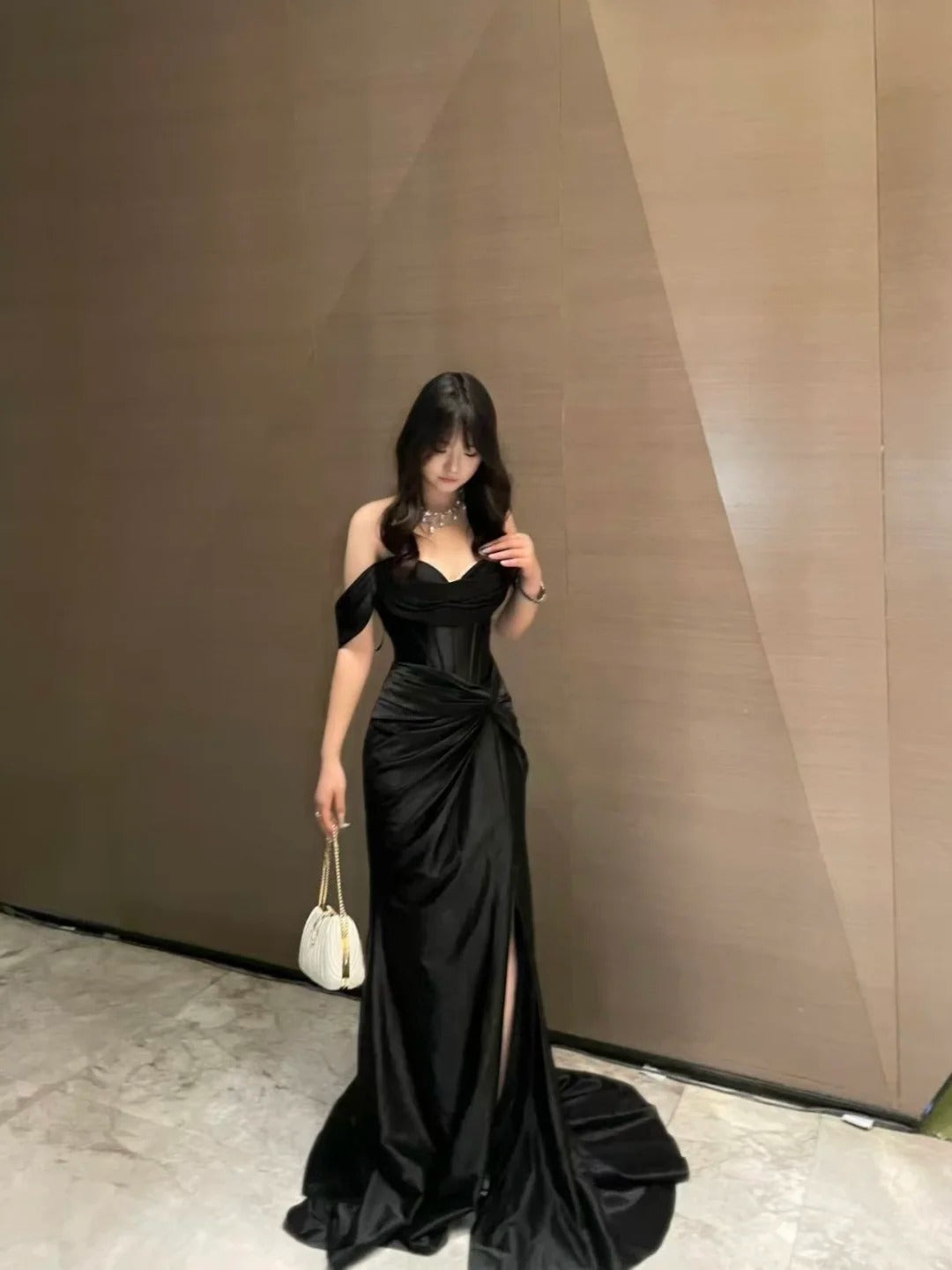 Elegant Black Sheath Off-The-Shoulder Ruched Slit Corset Satin Dress Prom Evening Dress L362