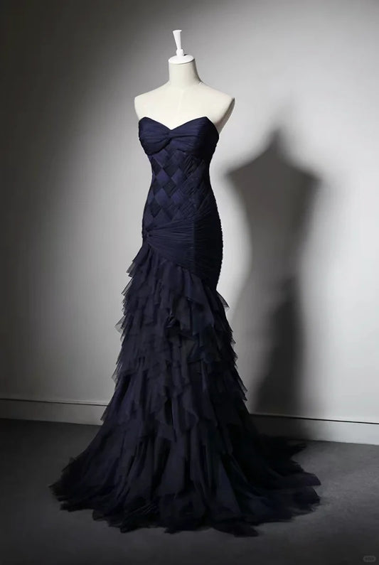 Chic Navy Mermaid Sweetheart Ruched Ruffled Tulle Dress Prom Dress Evening Dress L363