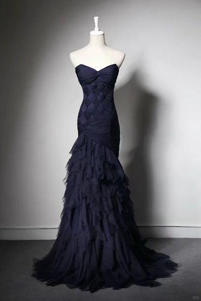 Chic Navy Mermaid Sweetheart Ruched Ruffled Tulle Dress Prom Dress Evening Dress L363