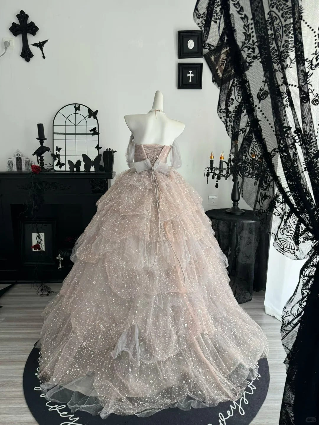 Princess Pink Ball Gown Off-The-Shoulder Sequins Rhinestone Tulle Dress Quinceanera Dress 16 L364