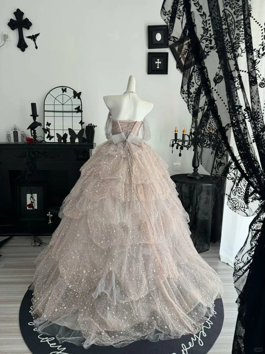 Princess Pink Ball Gown Off-The-Shoulder Sequins Rhinestone Tulle Dress Quinceanera Dress 16 L364