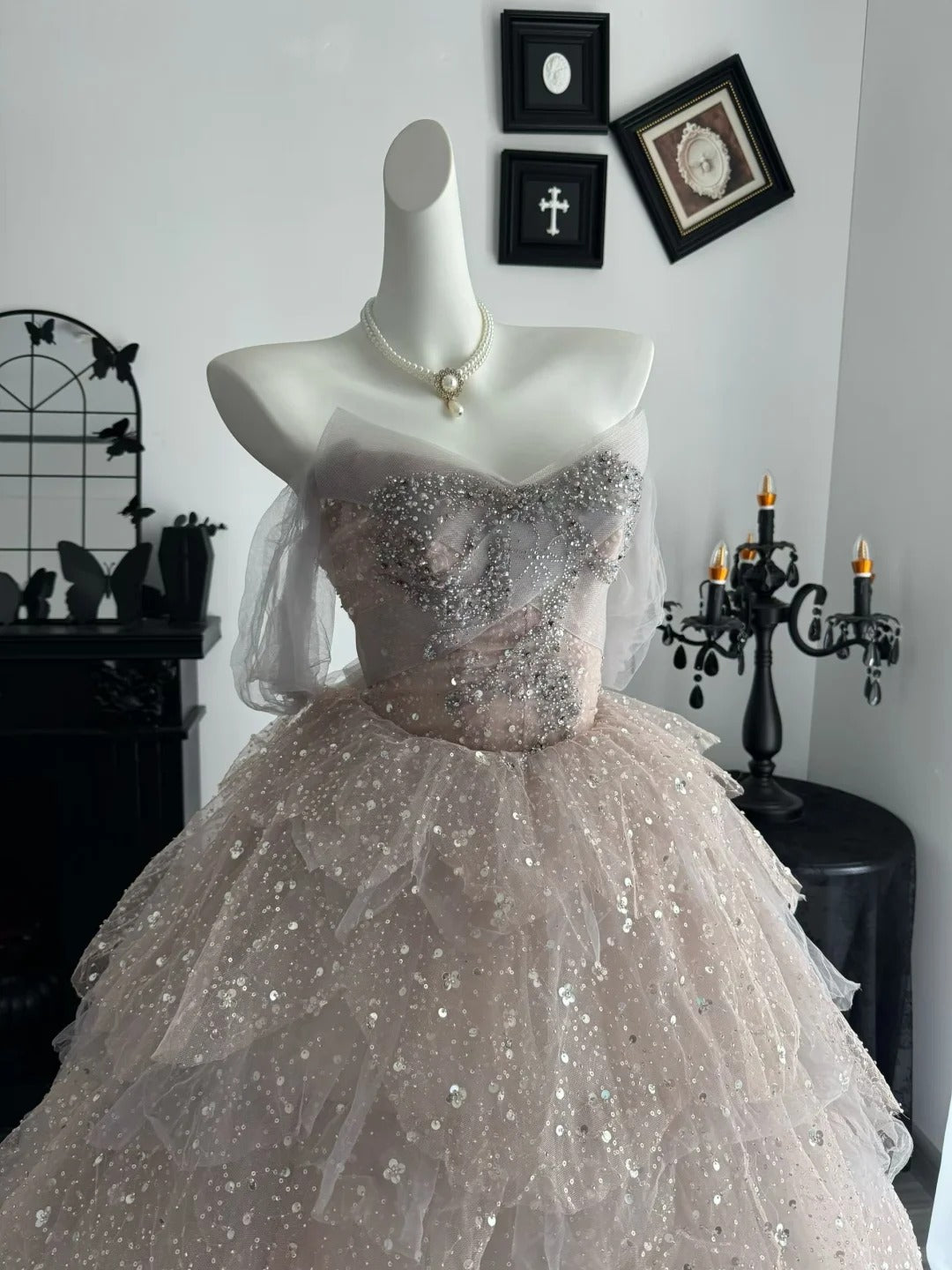 Princess Pink Ball Gown Off-The-Shoulder Sequins Rhinestone Tulle Dress Quinceanera Dress 16 L364