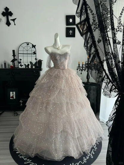 Princess Pink Ball Gown Off-The-Shoulder Sequins Rhinestone Tulle Dress Quinceanera Dress 16 L364