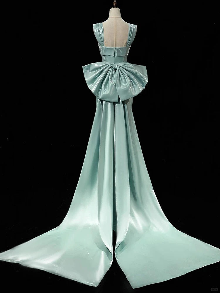 Chic Mint Green Mermaid Square Bow Slit Satin Dress Prom Dress  Evening Dress L365