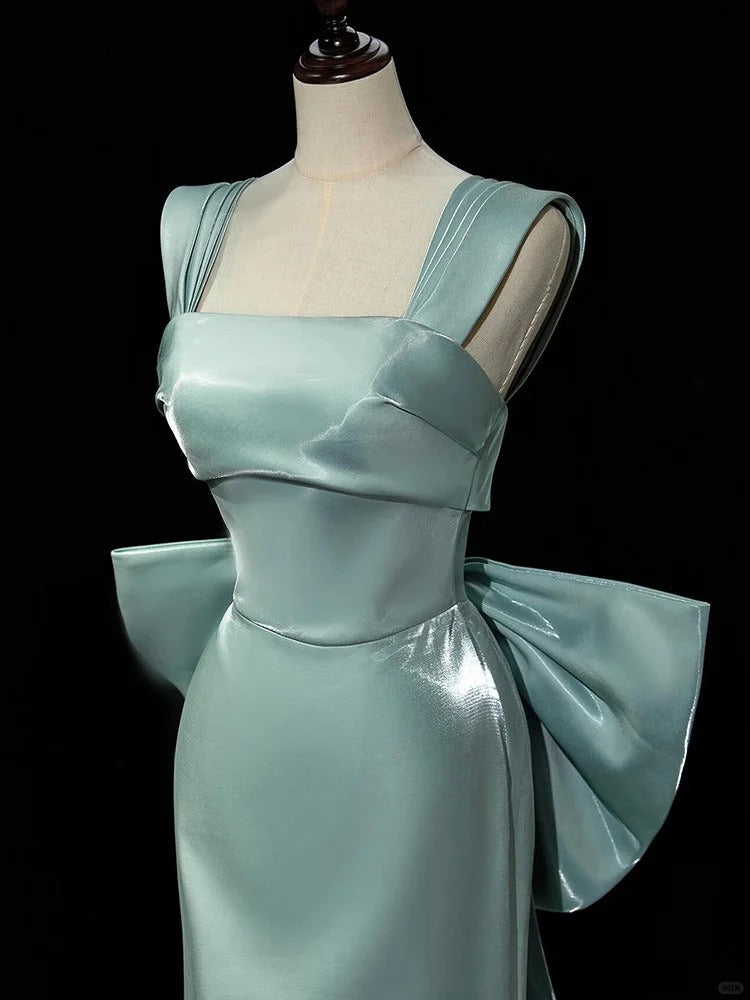 Chic Mint Green Mermaid Square Bow Slit Satin Dress Prom Dress  Evening Dress L365