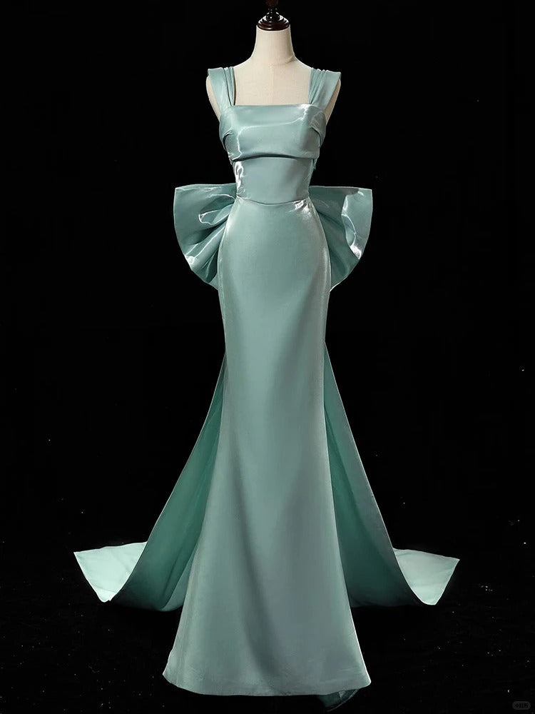 Chic Mint Green Mermaid Square Bow Slit Satin Dress Prom Dress  Evening Dress L365