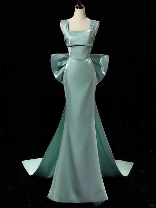 Chic Mint Green Mermaid Square Bow Slit Satin Dress Prom Dress  Evening Dress L365