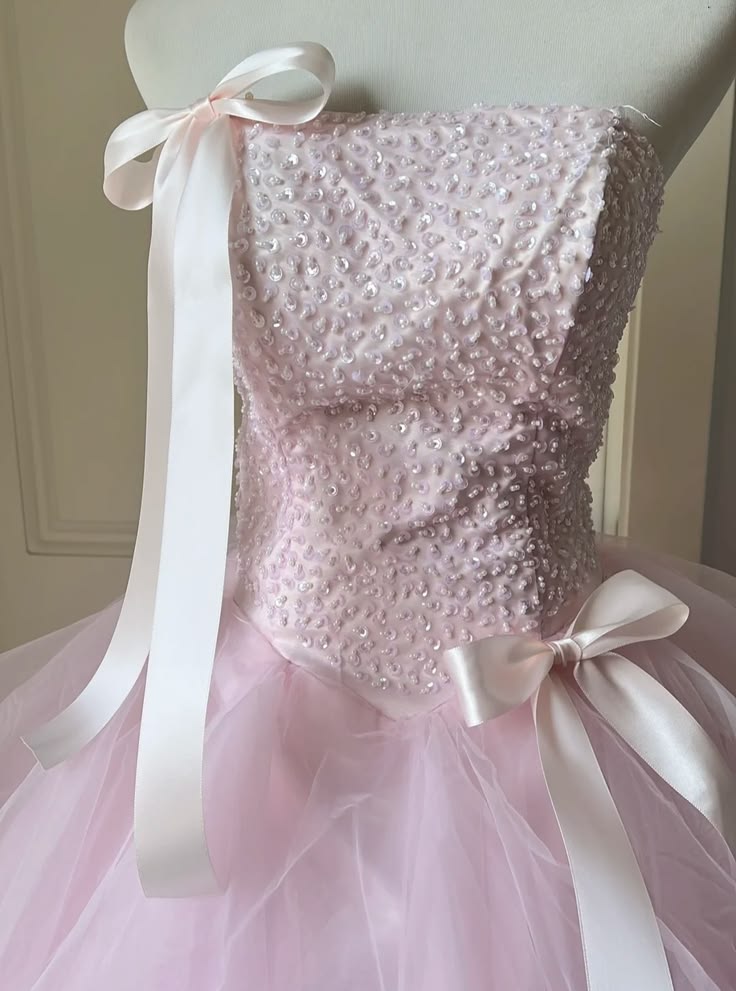 Sweet Pink Ball Gown Strapless Beaded Bow Tulle Dress Quinceanera Dress 16 L366