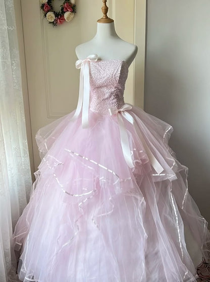 Sweet Pink Ball Gown Strapless Beaded Bow Tulle Dress Quinceanera Dress 16 L366
