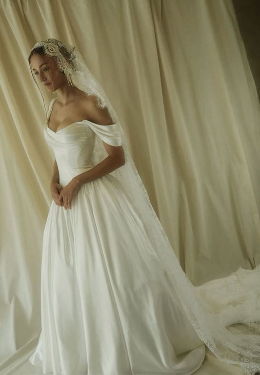Pretty White Satin Wedding Dress Asymmetrical Neck Ball Gown Ruched Church Wedding Dress L374