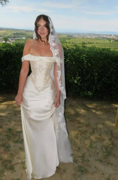 Pretty White Satin Wedding Dress Off-The-Shoulder A-Line Appliques Garden Wedding Dress L375