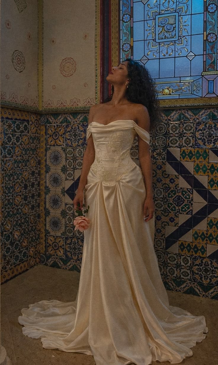 Simple White Satin Wedding Dress Off-The-Shoulder A-Line Appliques Church Wedding Dress L376