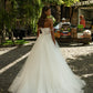 Classy White Tulle Strapless Ball Gown Lace Appliques Pearl Beading Garden Wedding Dress L38
