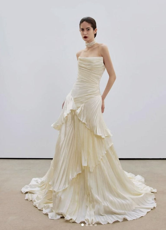 Chic Cream Mermaid Strapless Ruched Ruffled Satin Dress Prom Dress Evening Dress L384